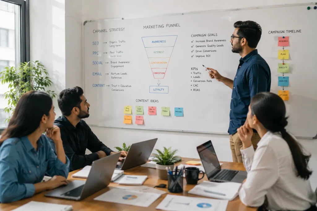 : "Digital Marketing Agency specialists mapping a multi-channel growth strategy"