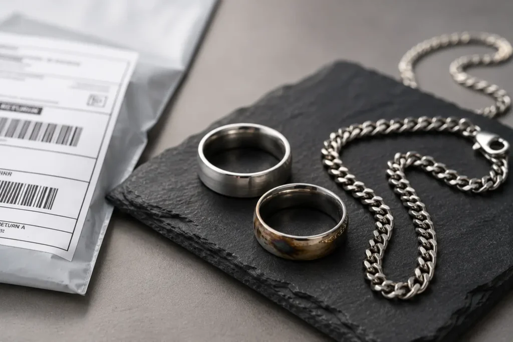 Anti tarnished jewellery ring and chain compared beside a tarnished piece, showing the material difference founders evaluate for return-rate ROI.
