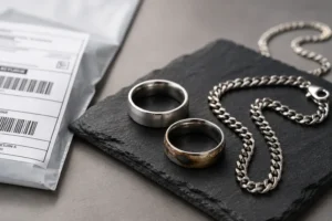 Anti tarnished jewellery ring and chain compared beside a tarnished piece, showing the material difference founders evaluate for return-rate ROI.