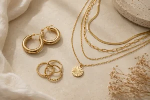 "Flat-lay of gold-tone fashion jewellery including hoop earrings, layered necklaces, and stacking rings on a neutral background"