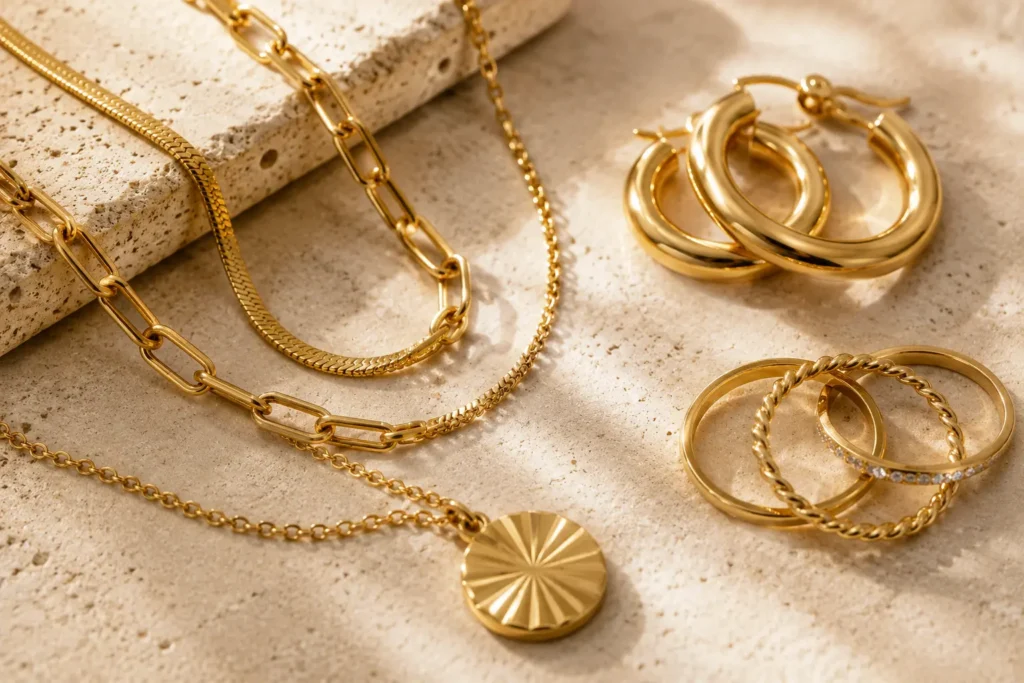 Close-up of gold plated jewellery including layered necklaces, hoop earrings, and rings with a warm gold-tone finish