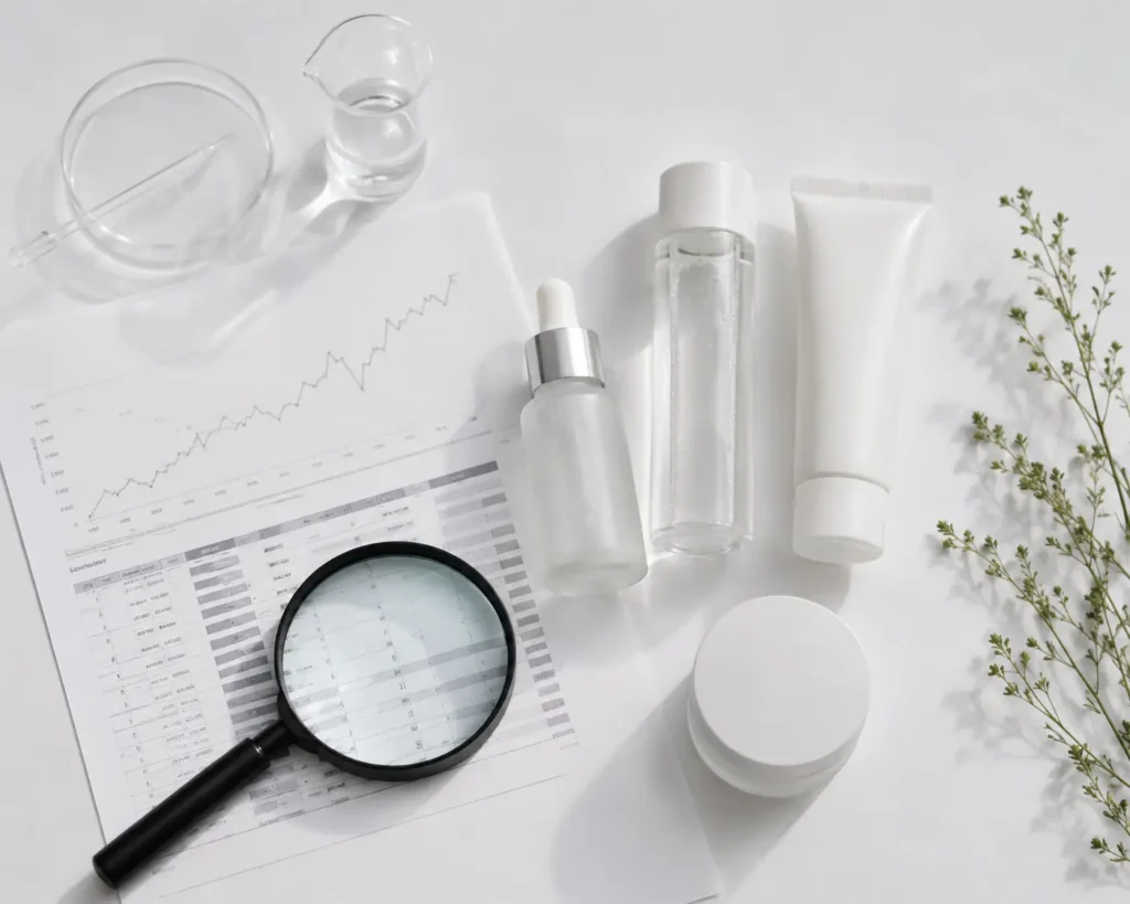 Skincare products displayed with clinical lab data supporting formulation evidence