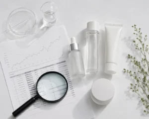 Skincare products displayed with clinical lab data supporting formulation evidence