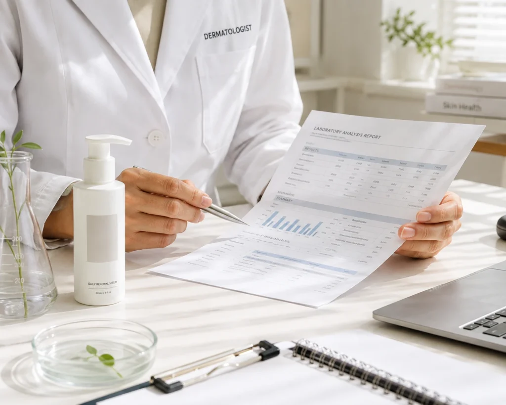 Dermatologist reviewing clinical data for skincare products efficacy claims