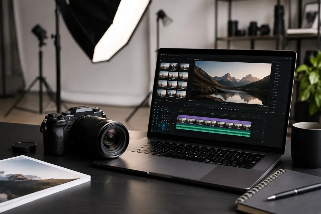 "Best camera for photography setup shown with editing pipeline on laptop"
