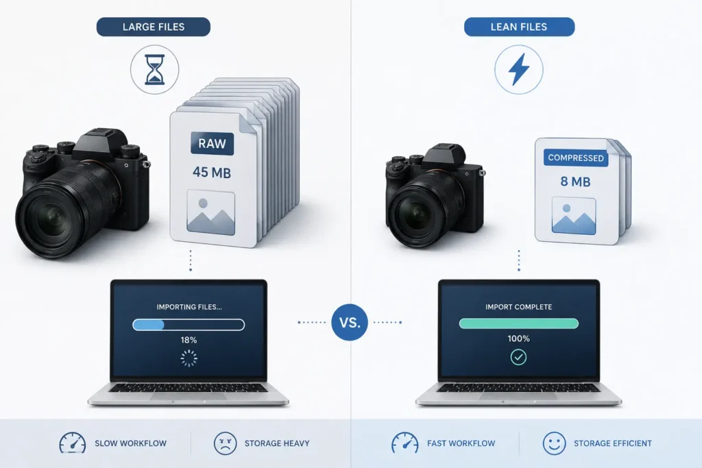 "ROI comparison of camera file size versus editing workflow speed"