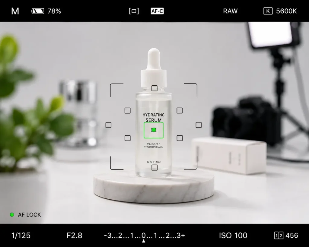 "Camera autofocus locking on product during a photography workflow test"