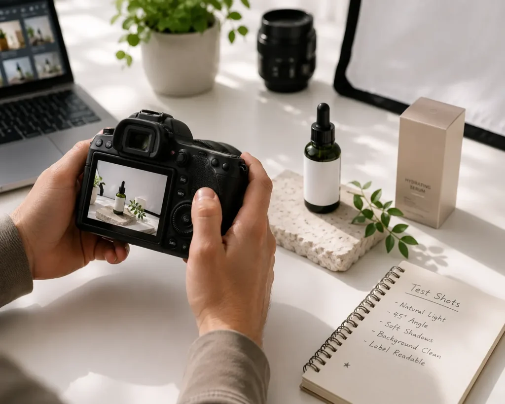 "Photographer reviewing real production test shots for camera comparison"