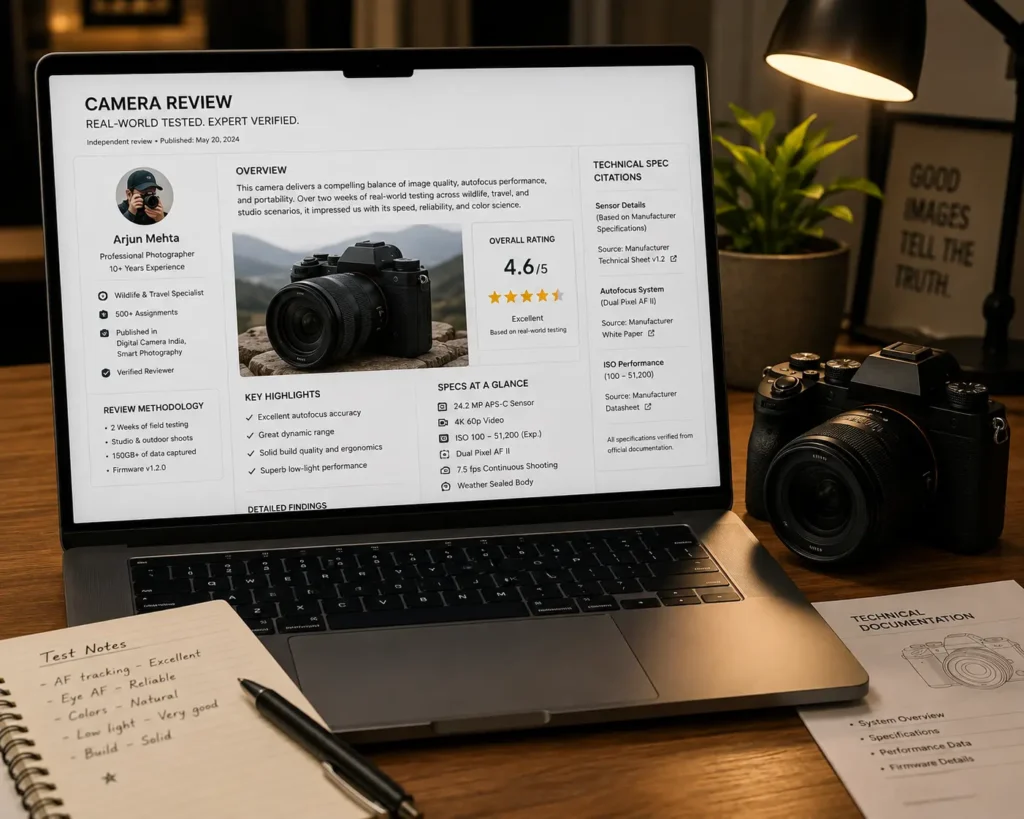 "Camera review page showing named tester credentials and cited technical specs"