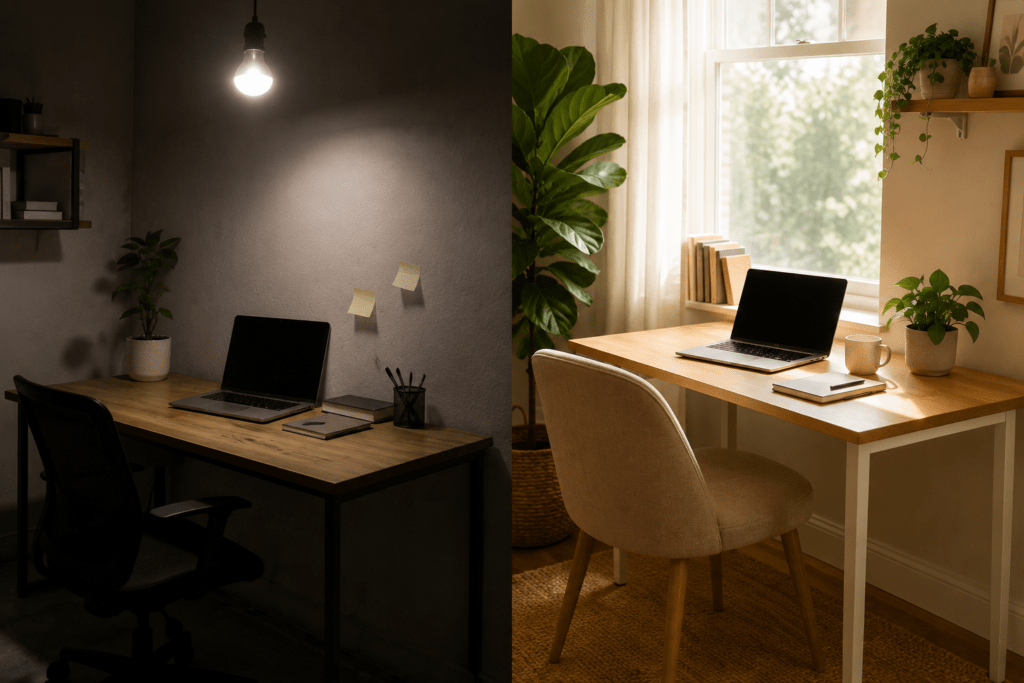 Interior home decor ideas comparing poor lighting versus well-lit home workspace
