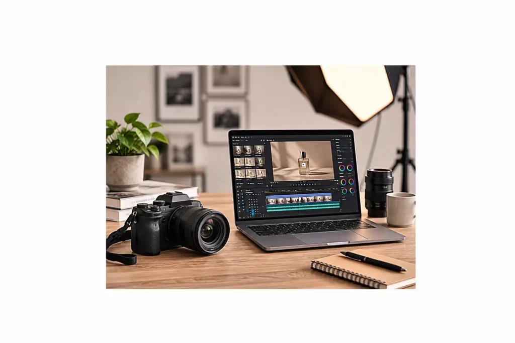 "Best camera for photography setup shown with editing pipeline on laptop"