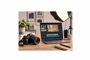 "Best camera for photography setup shown with editing pipeline on laptop"