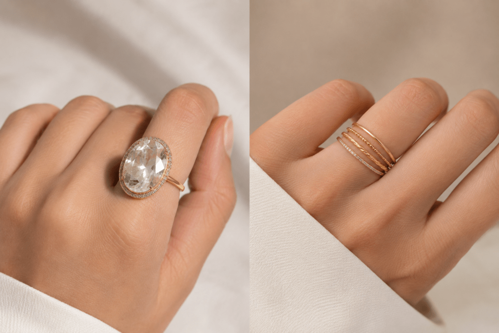 Stackable rings compared to a single large statement ring