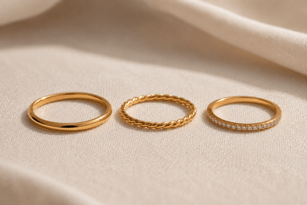 Simple stackable rings combination with plain, textured, and pavé bands