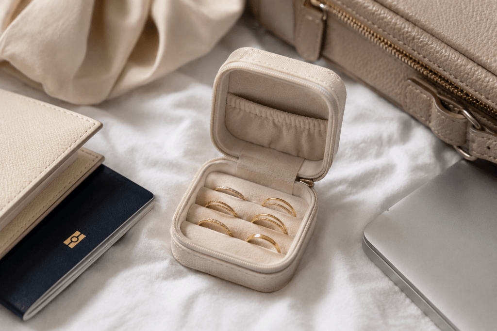 Stackable rings packed for travel as a compact jewelry option