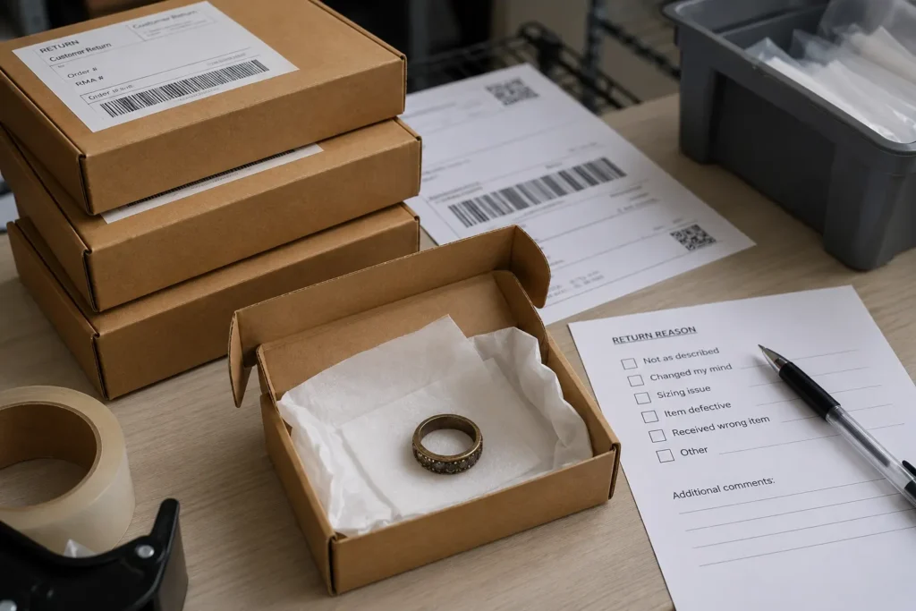 Tarnished ring beside a jewellery return package, showing why anti tarnished jewellery reduces refund rates.