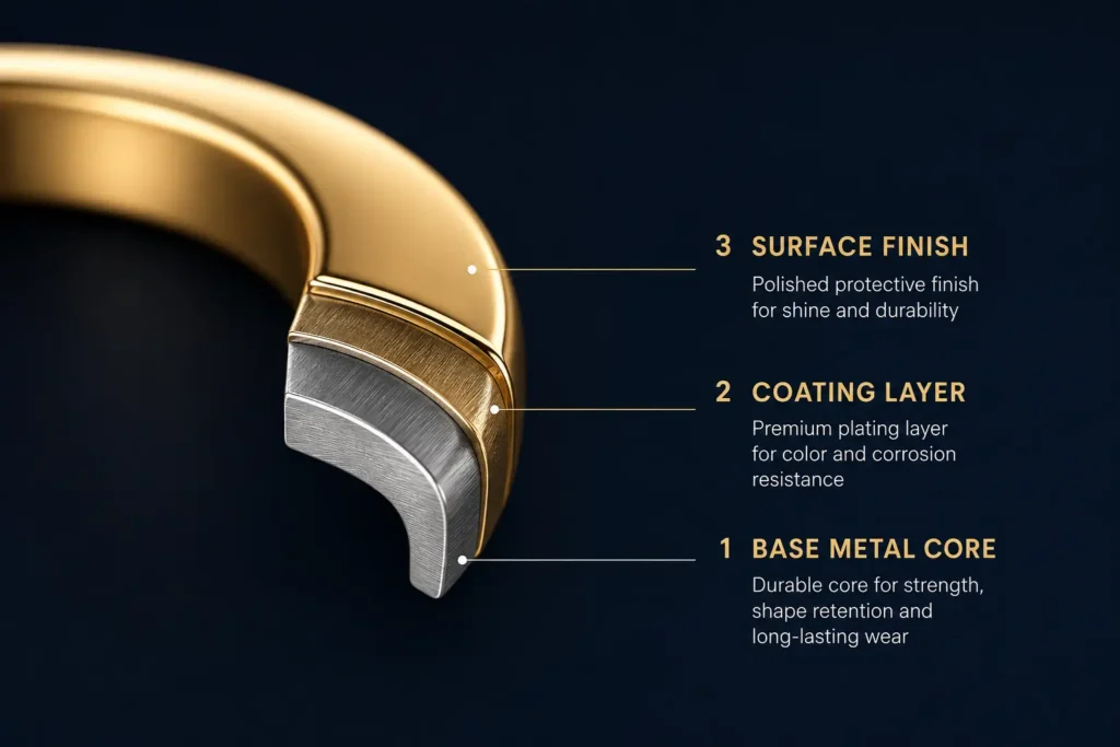 Cross-section diagram of anti tarnished jewellery showing base metal, coating, and finish layers.