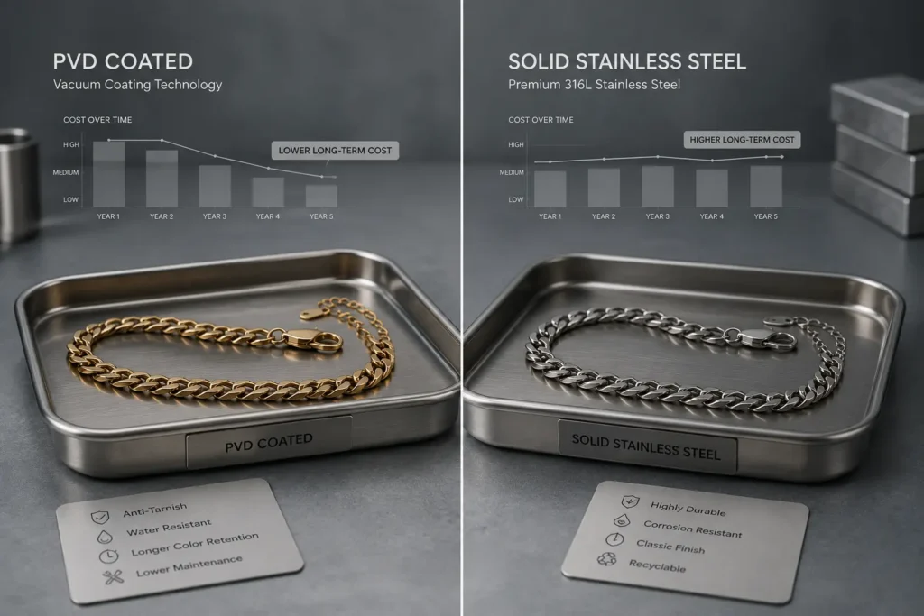 Coated versus solid metal chains compared side by side to illustrate anti tarnished jewellery manufacturing cost.