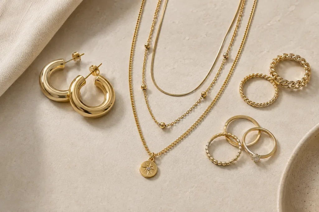 Flat-lay of gold-tone fashion jewellery including hoop earrings, layered necklaces, and stacking rings on a neutral background"