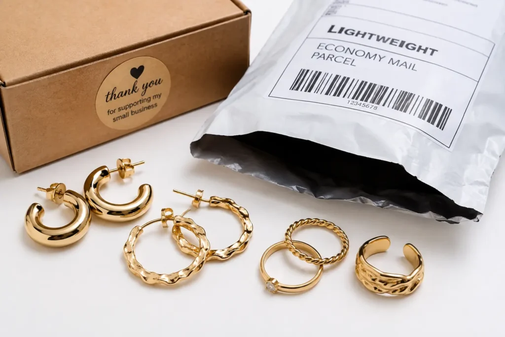 Lightweight fashion jewellery pieces beside a small shipping box, illustrating low shipping and production cost"