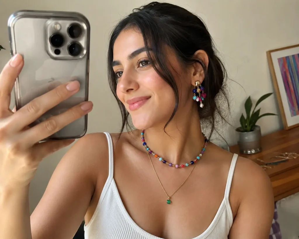 "Woman photographing herself on a smartphone while wearing fashion jewellery earrings and necklace for social media"