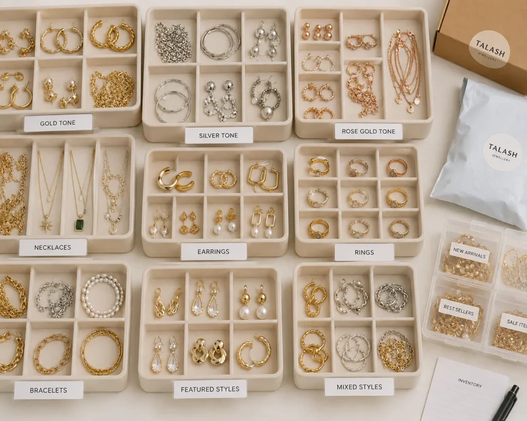 Organized trays of fashion jewellery in gold, silver, and rose-gold finishes showing simple SKU and inventory management"