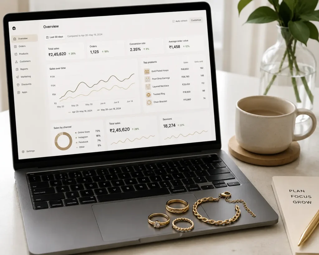 Laptop showing an analytics dashboard next to fashion jewellery pieces, representing customer purchase data"