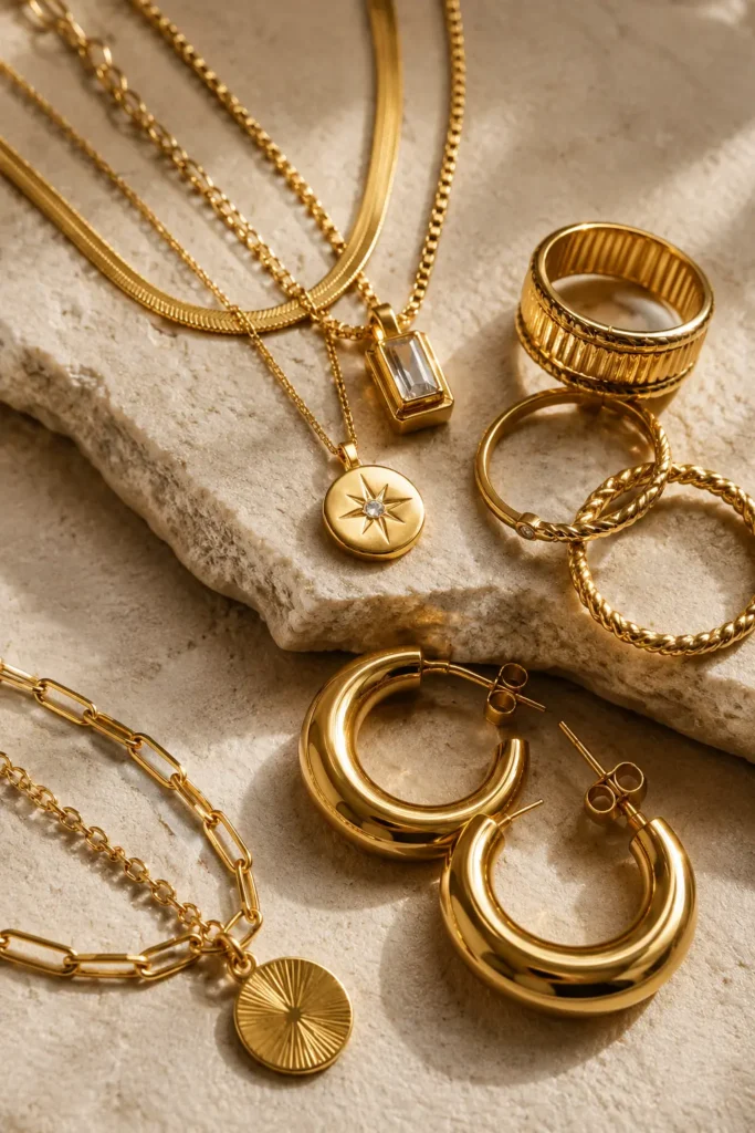 "Close-up of gold plated jewellery including layered necklaces, hoop earrings, and rings with a warm gold-tone finish"