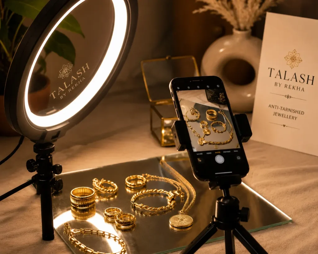 Product photography setup capturing gold plated jewellery under a ring light for social media ads"
