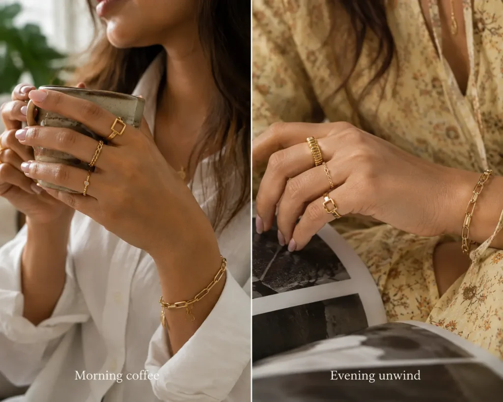 oman's hand wearing gold plated rings and a bracelet showing everyday wear over time"