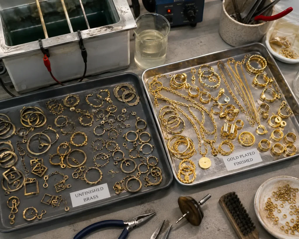 Jewellery workspace showing brass pieces alongside finished gold plated jewellery near an electroplating setup