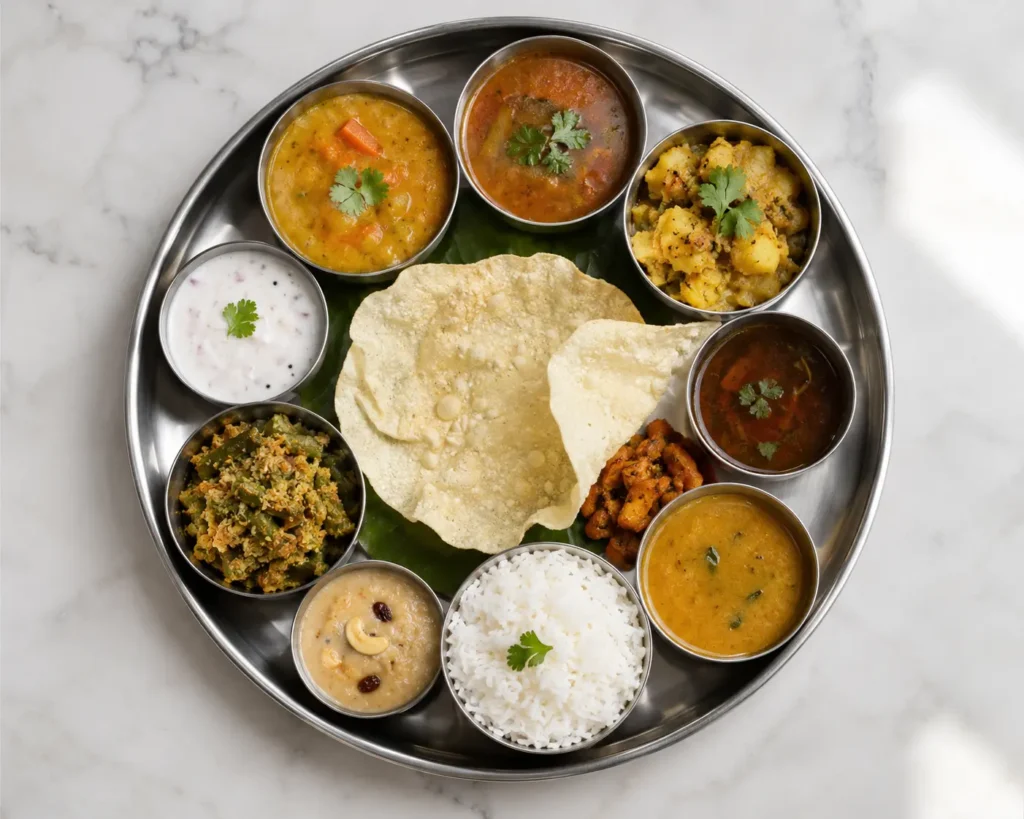 Overhead view of a full South Indian restaurant thali tray with rice, sambar, and side dishes"