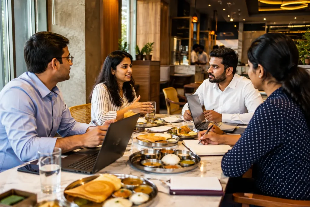 Startup team having a working lunch meeting at a South Indian restaurant table with laptops and thali plates"
