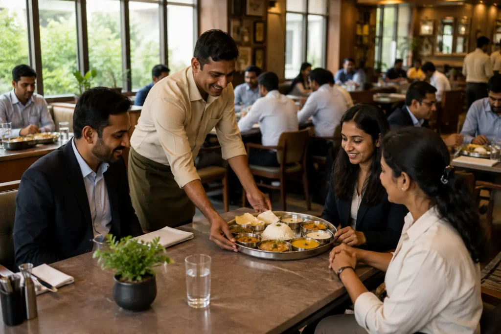 Busy South Indian restaurant dining room during a weekday lunch service with business professionals