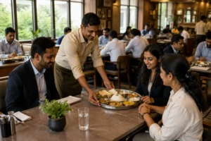 Busy South Indian restaurant dining room during a weekday lunch service with business professionals