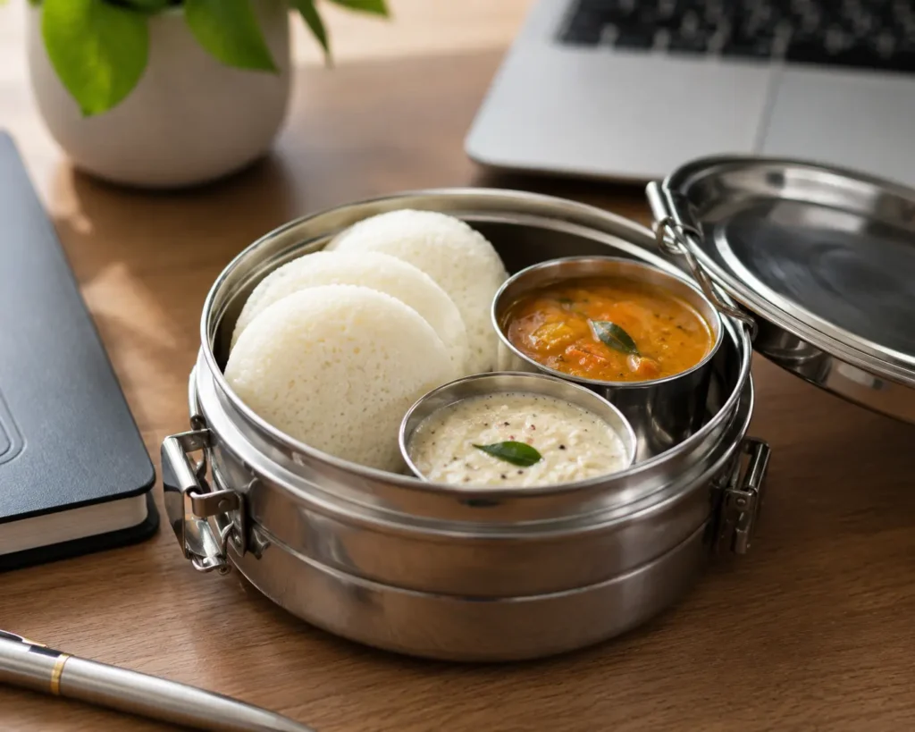 "Stainless steel tiffin carrier packed with South Indian restaurant takeout food on an office desk"